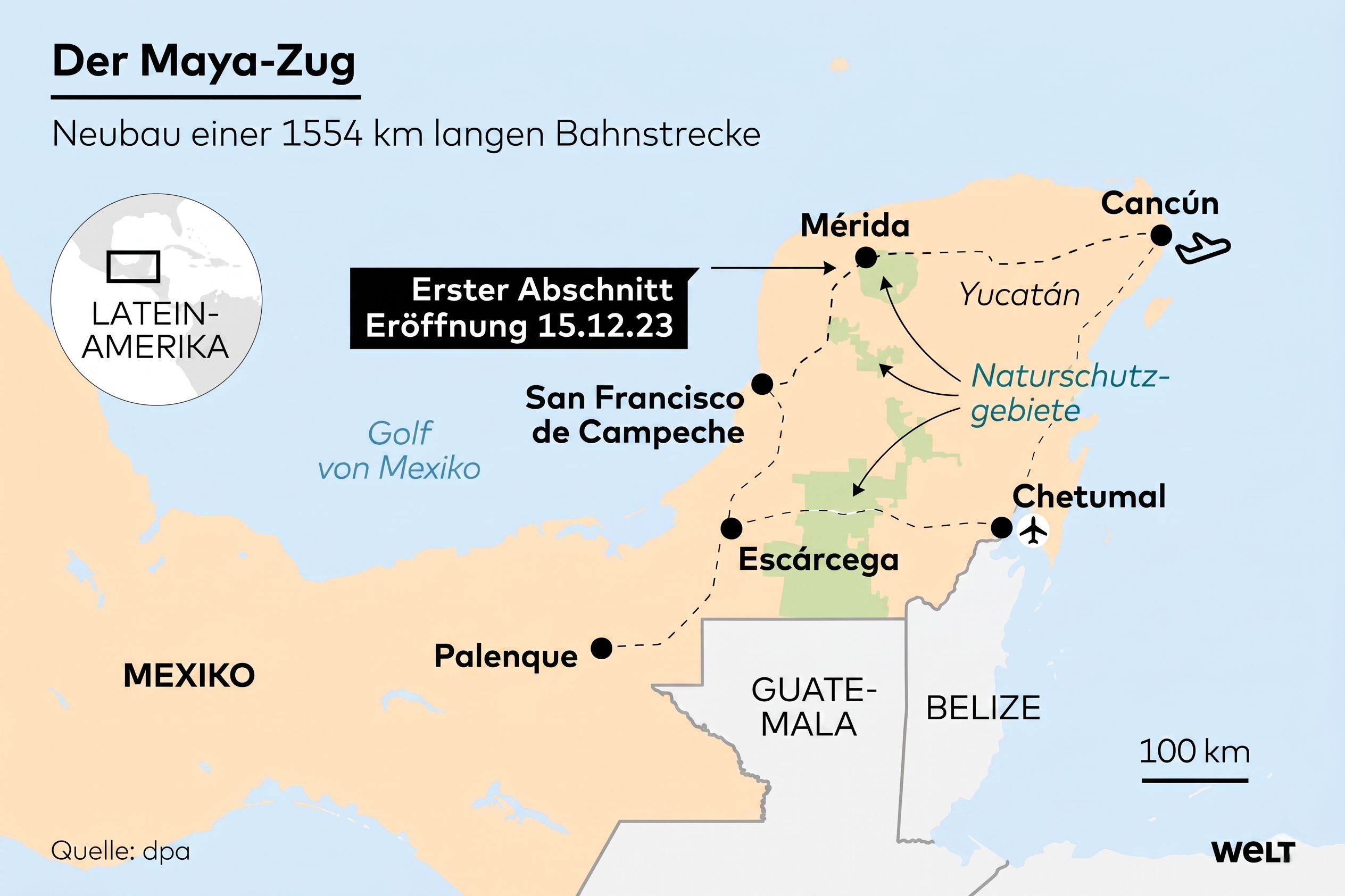 Karte der Yucatán-Halbinsel mit eingezeichneter Maya-Zug-Strecke und Städten wie Cancún, Mérida und Chetumal